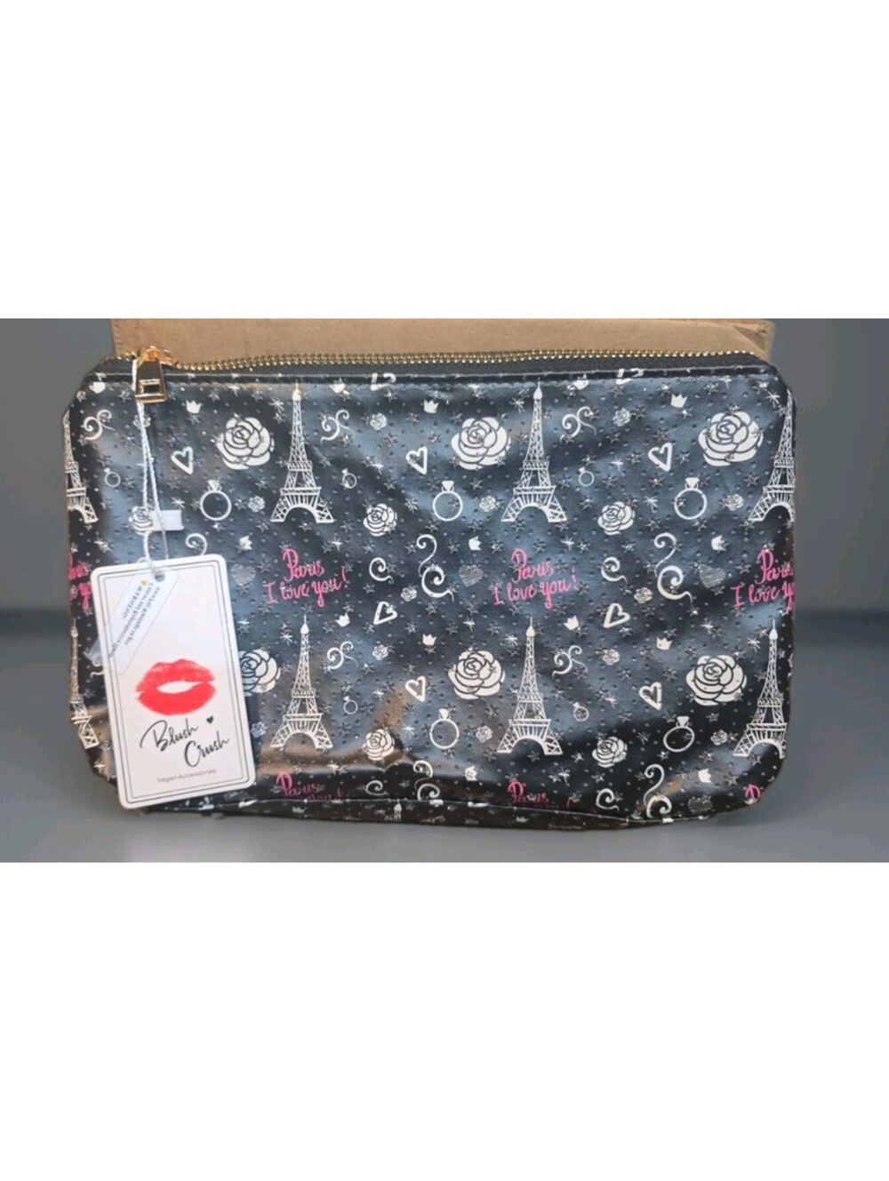 Paris I Love You Eiffel Tower Cosmetic Bag Zip Makeup Clutch Sparkles Roses NWT